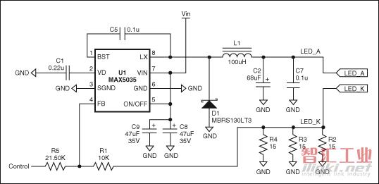 基于固定頻率、高集成度PWM開關(guān)轉(zhuǎn)換器MAX5035的高亮度LED電源原理圖