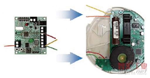 图5：Arrayent公司的射频模块与烟雾探测器的告警信号和电池电压相连。