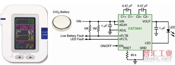 鈕扣式電池供電設(shè)備優(yōu)化的CAT3661 LED驅(qū)動器應(yīng)用電路圖