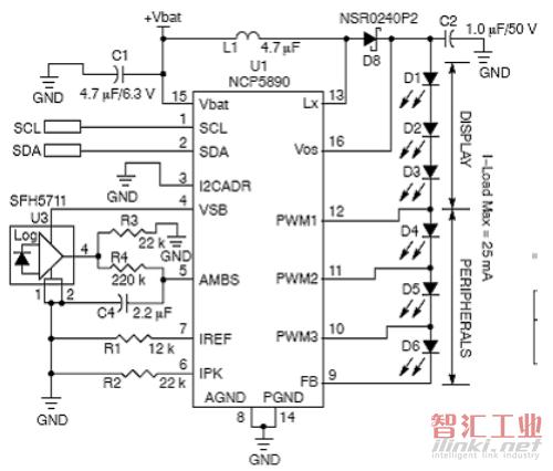 采用NCP5890的多個(gè)白光LED應(yīng)用電路圖